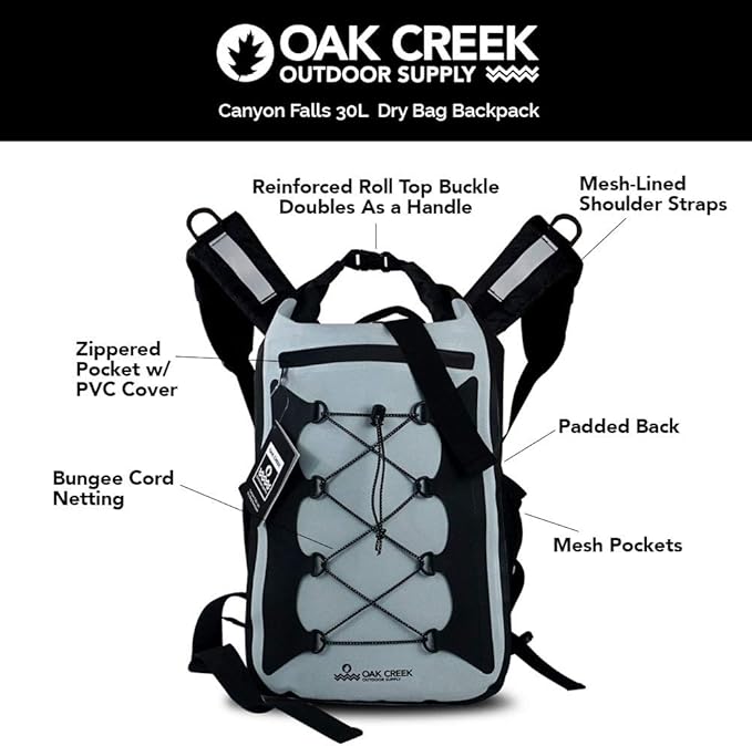 Oak Creek Canyon Falls 30L Dry Bag Backpack. Premium Waterproof Backpack with Padded Shoulder Straps. PVC Construction. Keep Your Gear Dry
