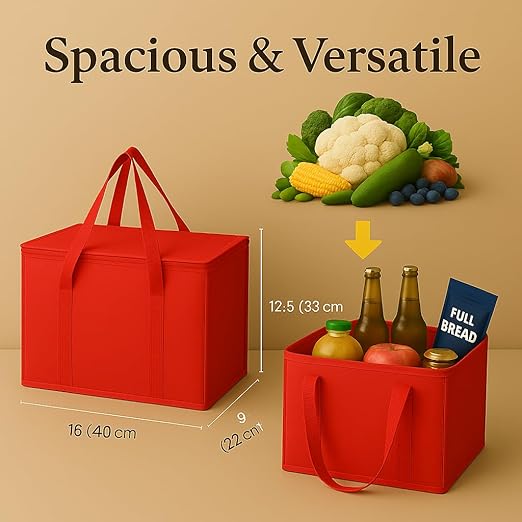 2Pk Insulated Reusable Grocery Bags, Collapsible Cooler Bag for Groceries, Heavy Duty Large Insulated Bag (Large, Bright Red)