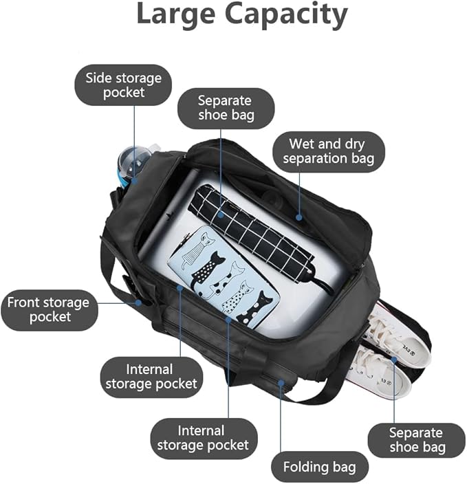 Travel Duffel Bag, Foldable Gym Bag with Luggage Tag, Large Capacity Weekend Overnight Bags with Wet and Dry Separation Bag, Waterproof Sports Tote Bag, for Travel, Sports, Gym (Black)