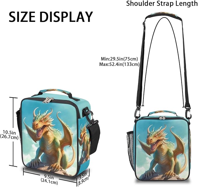 Dragon Lunch Box for Kids, Watercolor Animal Dragon Lunch Bag for Boys Girls, Reusable Insulated Waterproof Lunch Box with Adjustable Shoulder Strap Thermal Cooler Tote Bag for School Daycare Picnic