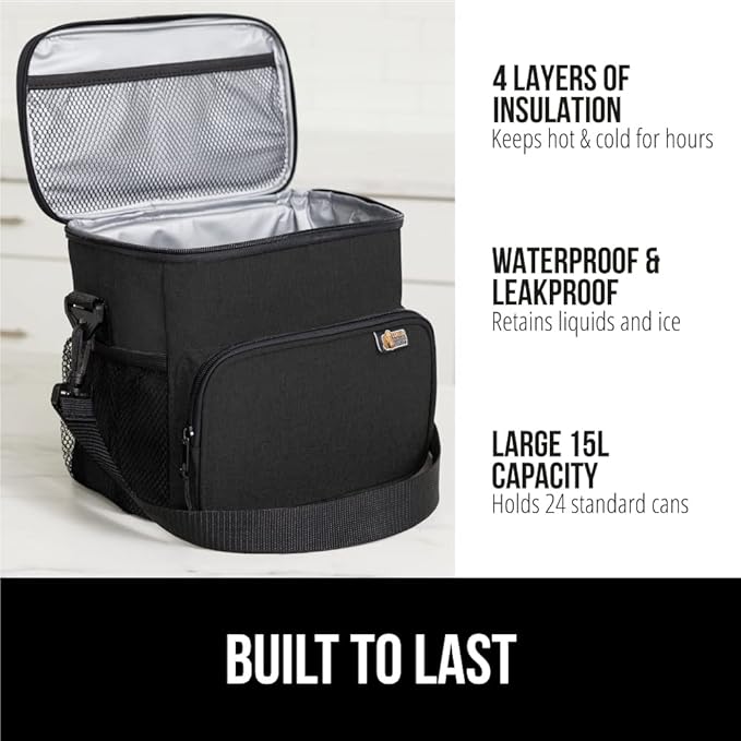 GORILLA GRIP Reusable Insulated Lunch Box Bag for Women Men,15L, Leakproof XL Soft Cooler Bags, Multiple Compartments, Mesh Pockets and Adjustable Strap, Food Tote Keeps Drinks Cold, 13x9, Black