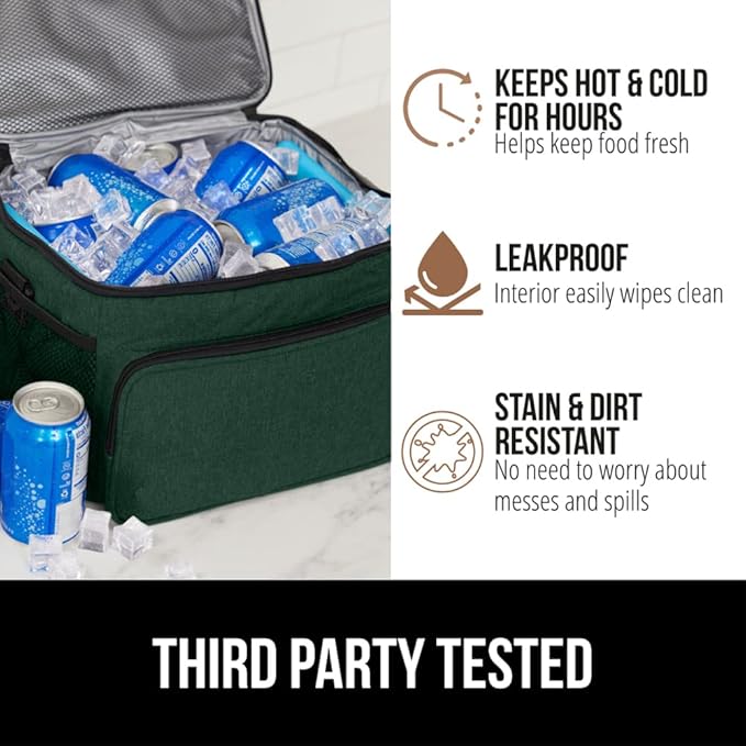 GORILLA GRIP Reusable Insulated Lunch Box Bag, Large Capacity, Leakproof Soft Cooler Bags, Mesh Pockets and Adjustable Strap, Food Tote for Work Camping School, Keep Drinks Cold, 8L, 10x9 Hunter Green