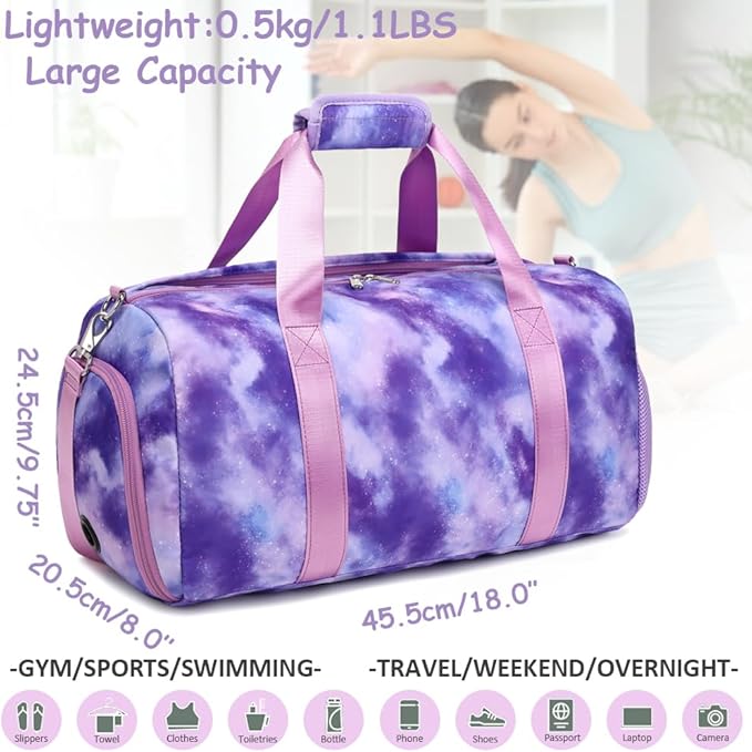 Dance Bag for Girls Gym Bag Sports Duffle Bag with Shoes Compartment Wet Pocket Weekender Overnight Bag for Girls Women Teens Travel Duffle Bag Water Resistant