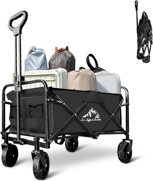 Collapsible Wagon Cart Foldable Portable Heavy Duty Folding Beach Wagons, Outdoor Utility Carts with Large Capacity for Grocery, Camping, Shopping, Fishing, Sports, Garden Black