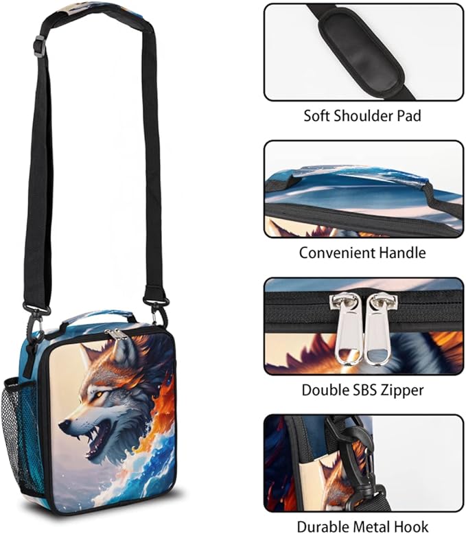Wolf Colorful Ocean Wave Art Animal Boys Lunch Box, Reusable Insulated Waterproof With Adjustable Shoulder Strap, Thermal Cooler Tote Bag for School, Daycare, Picnic