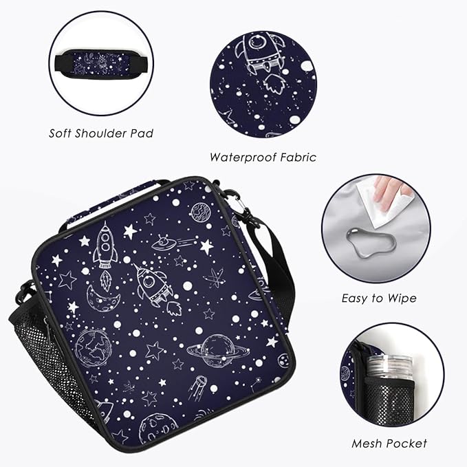 Insulated Lunch Bag for Girls - Reusable Lunch Box Water-Resistant Thermal Cooler Meal Tote Bag with Water Bottle Holder for School Picnic Travel (Universe Rocket)
