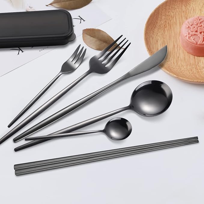 AARAINBOW 8 Pieces Stainless Steel Flatware Set Portable Reusable Cutlery Set Travel Utensils Set Including Chopsticks Knife Fork Spoon Straws Cleaning Brush Dishwasher Safe (Black)