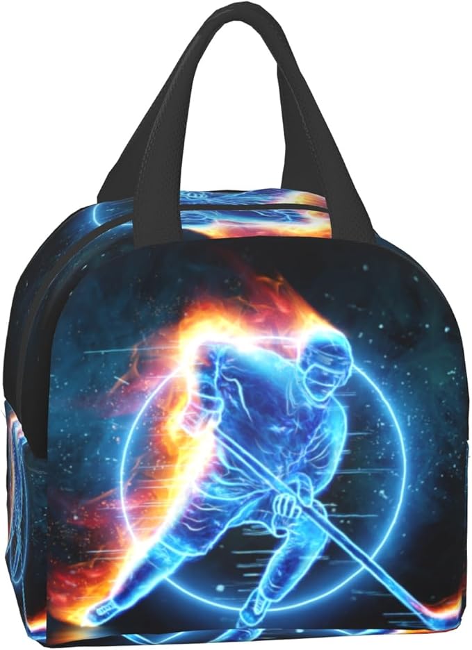 Giwawa Ice Hockey Lunch Bag for Kids Teens Red Fire Player Insulated Lunch Box with Front Pocket Reusable Thermal Cooler Lunch Tote Bag for Girls Boys School Students Men Women Picnic