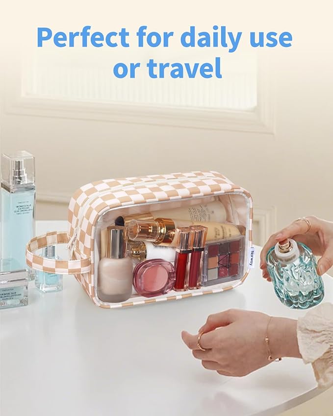 Narwey Clear Makeup Bag Cosmetic Bag with Zipper for Travel, Clear Toiletry Bags for Traveling Toiletries Women Men, Make Up Pouch Organizer with Handle, Skincare Bag (Light Checkerboard)