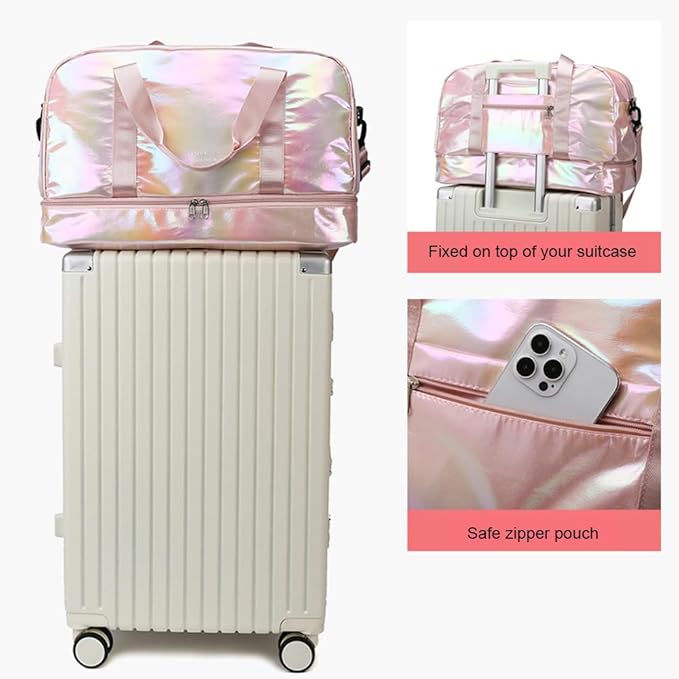 Holographic Shimmering Gym Duffle Bag with Shoes Compartment & Wet Pocket, Women Weekend Overnight Travel Bag Gymnastic Dance Bag for Girl (pink)