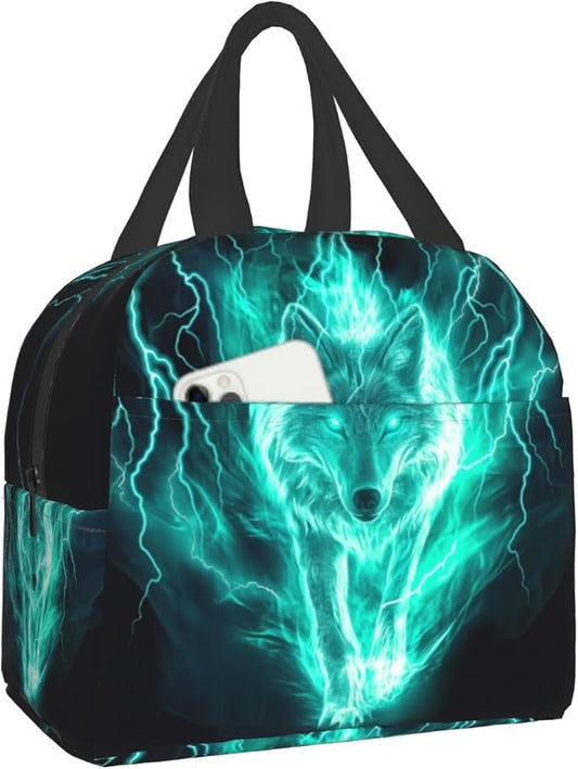 Giwawa Wolf Lunch Bag Fire Animal Print Lightning Insulated Kids Lunch Box Reusable Thermal Cooler Lunch Tote Bag Food Container for Teens Adults Girls Boys School Men Women Travel