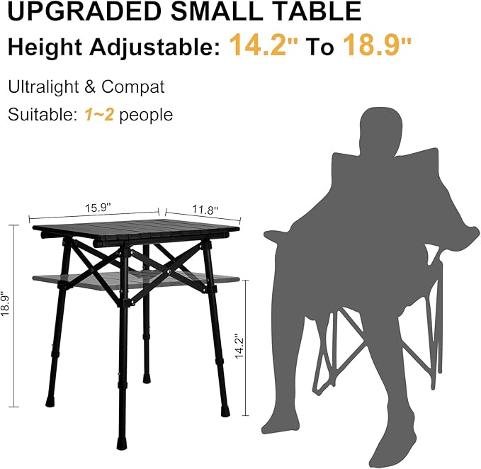 Folding Camping Table - Small Outdoor Table with Storage Bag - Adjustable Height 14.2'' & 18.9'', Portable Lightweight Aluminum Foldable Side Table for Picnic, BBQ, Beach & Tailgating