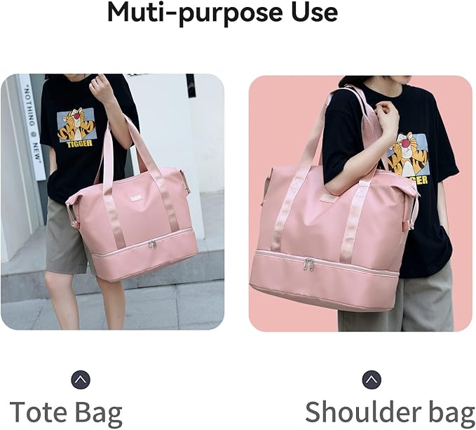 Large Travel Duffel Bag with Shoe Compartment, Gym Tote Carry on Bags for women, Lightweight Duffel Bags with Trolley Sleeve fit for Travel and Sport(Pink)