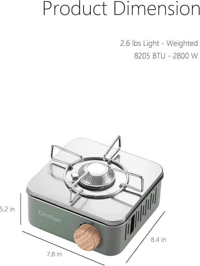 Mini Butane Camping Stove with Portable Bag, Indoor and Outdoor Cooking, for Emergency and Camp Essentials, 8205 BTU, 2hr Usage per Canister, Gas Not Included, Olive