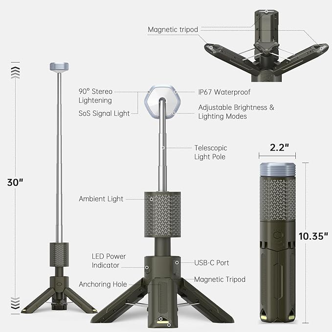 MORIKO Camping Lights Rechargeable Telescopic, Portable Collapsible Magnetic Lantern Camping Essentials, 10,500mAh IP67 Waterproof LED Flashlights, Camping Gear for Hiking Fishing Travel Emergency