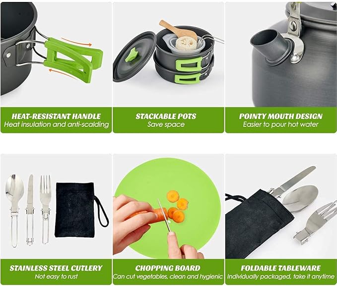 MEETSUN Portable Camp Cooking Set,Space Saving,Lightweight Aluminum Camping Cookware Set,Quick Heating Camping Pot Pan Set with Easy Clean Coating Perfect for Hiking,Backpacking,Outdoor Cooking