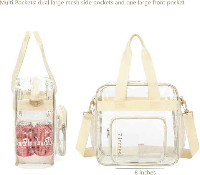 FlowFly Clear Bag for Stadium Events With Shoulder Strap for Women, Men, Large and Reusable Lunch Container, Work and Sporting Events, Travel 12x6x12 Clear Tote Bag, Clear#Biege