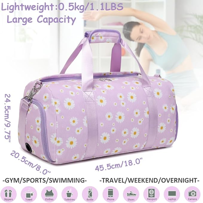 Dance Bag for Girls Gym Bag Sports Duffle Bag with Shoes Compartment Wet Pocket Weekender Overnight Bag for Girls Women Teens Corduroy Daisy Travel Duffle Bag