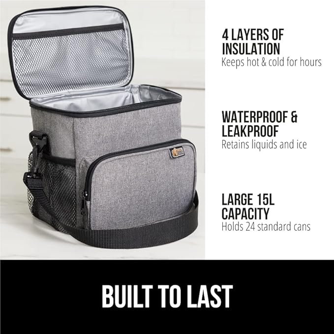 GORILLA GRIP Reusable Insulated Lunch Box Bag for Women Men,15L, Leakproof XL Soft Cooler Bags, Multiple Compartments, Mesh Pockets and Adjustable Strap, Food Tote Keeps Drinks Cold, 13x9, Light Gray