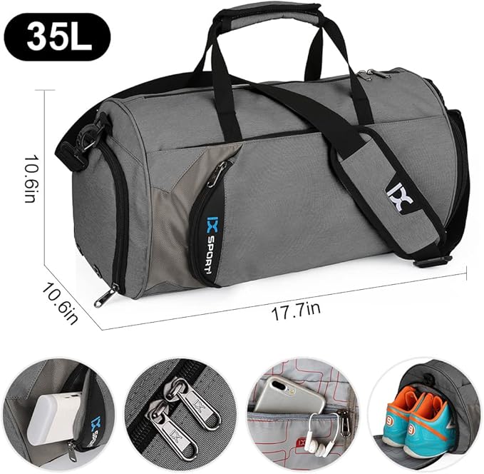 INOXTO Small Sports Gym Bag，Travel Duffel Bag with Dry Wet Pocket and Shoes Compartment for Women and Men，35L Waterproof Weekender Fitness bag For Swim Sports Travel Working Out (dark grey 2)