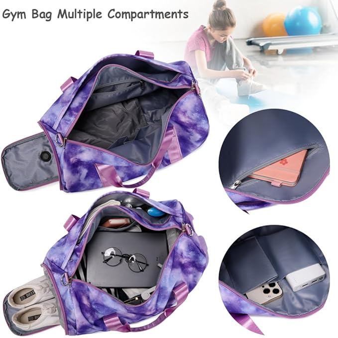 Dance Bag for Girls Gym Bag Sports Duffle Bag with Shoes Compartment Wet Pocket Weekender Overnight Bag for Girls Women Teens Travel Duffle Bag Water Resistant