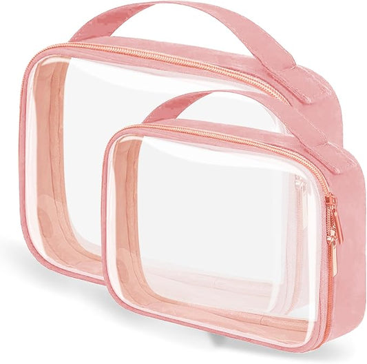 TSA Approved Travel Toiletry Bag,2 Pack Clear Makeup Bags with Handles,Quart Size Clear Cosmetic Bags for Traveling Women,Men,Carry on Airport Airline Compliant Bag,Pink