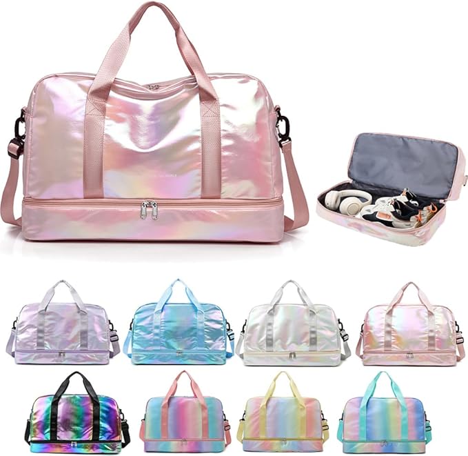 Holographic Shimmering Gym Duffle Bag with Shoes Compartment & Wet Pocket, Women Weekend Overnight Travel Bag Gymnastic Dance Bag for Girl (pink)