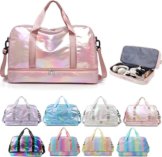Holographic Shimmering Gym Duffle Bag with Shoes Compartment & Wet Pocket, Women Weekend Overnight Travel Bag Gymnastic Dance Bag for Girl (pink)