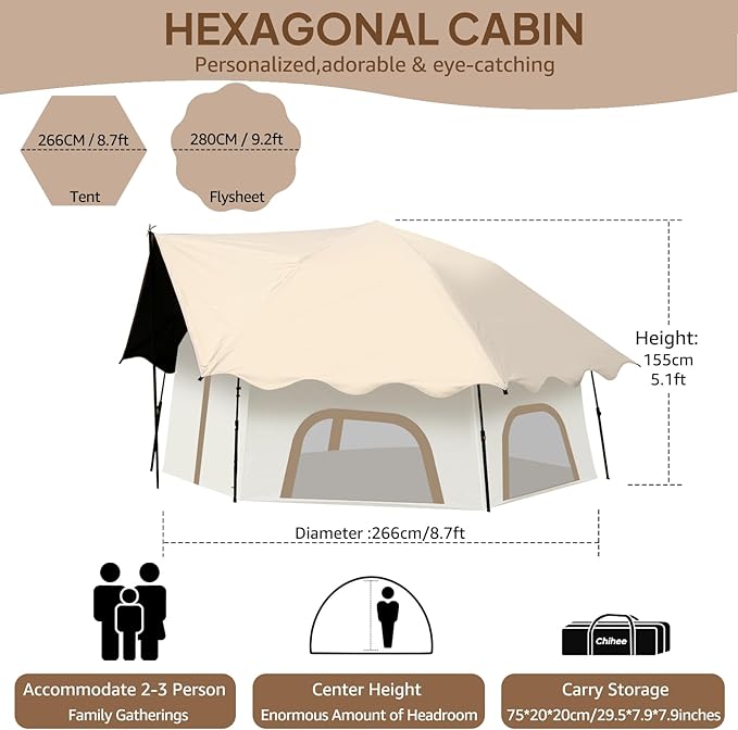 Chihee Camping Tents Pop-Up Stand-up Tent, Family Cabin Tent with Awning Porch 3-Person Outdoor Shelter with Screen Room Large Capacity, Waterproof and Windproof, Easy Setup,Traveling Hiking Picnic
