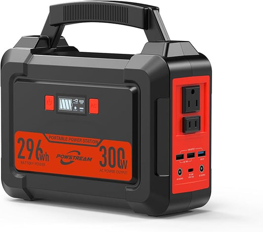 300W Portable Power Station POWSTREAM Camping Outdoor Generator, 296Wh Lithium Ion Battery Power Supply with PD Fast Charging, 110V AC Output LED Flashlight for CPAP Outdoors RVs Emergency Blackout