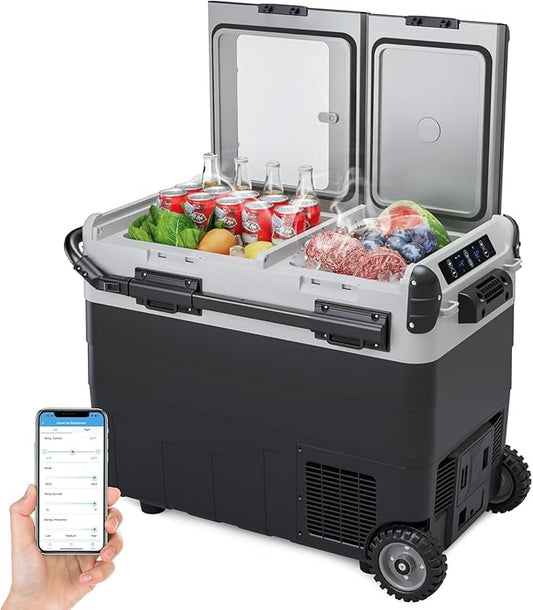 12 Volt Car Refrigerator, 53QT (50L) Dual Zone Portable Car Fridge, -4℉-68℉ Electric Cooler Dual Temp Control Cooling Freezer with Wheels, 12/24V DC and 100-240V AC for Travel, Camping, RV, Road, Home