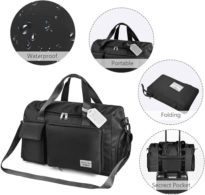 Travel Duffel Bag, Foldable Gym Bag with Luggage Tag, Large Capacity Weekend Overnight Bags with Wet and Dry Separation Bag, Waterproof Sports Tote Bag, for Travel, Sports, Gym (Black)