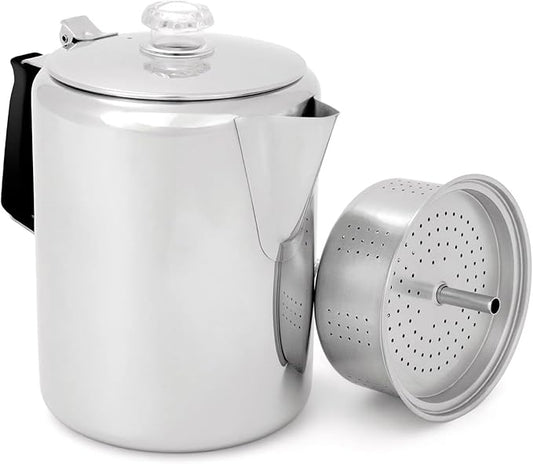 GSI Outdoors Percolator Coffee Pot I Glacier Stainless Steel with Silicone Handle for Camping, Backpacking, Travel, RV & Hunting - Stove Safe