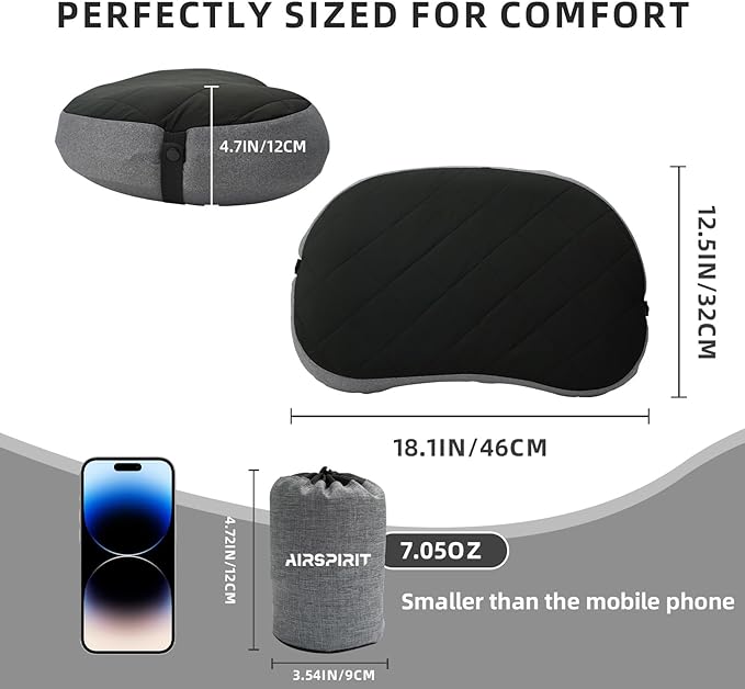 Ultralight Camping Pillow Inflatable with Removable Washable Cover, Compact Travel Pillow for Neck Support, Hiking, Backpacking, Office, Airplane, Car & Beach - Adjustable Firmness (Black)