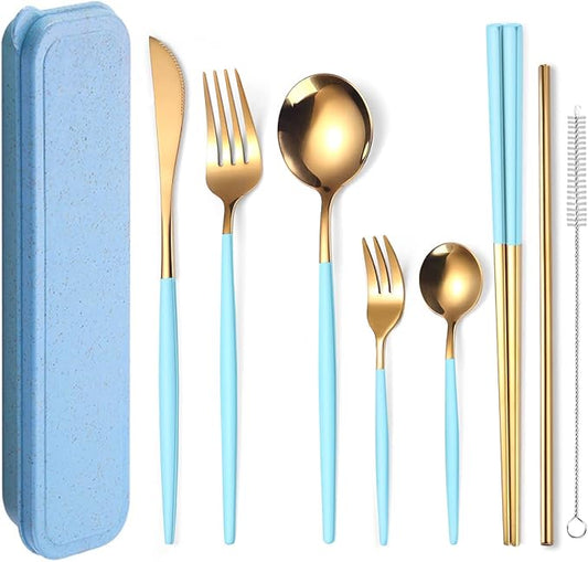 AARainbow 8 Pieces Stainless Steel Flatware Set Portable Reusable Cutlery Set Travel Utensils Set Including Chopsticks Knife Fork Spoon Straws Cleaning Brush Dishwasher Safe (Light blue Golden)