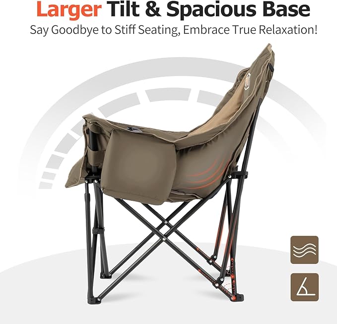 Overmont Oversized XL Camping Chair for Adults - 450lbs Support Heavy-Duty Padded Folding Chair with Side Pocket Cup Holder Cooling Bag for Outdoor Sports Garden Beach Fishing Lawn Khaki