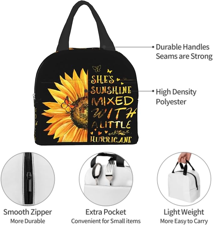 Giwawa Sunflower Insulated Lunch Bag for Girls Women, Sunshine Yellow Floral Inspirational Thermal Lunch Box with Front Pocket Reusable Meal Cooler Tote Bag for Kids Teens College Office
