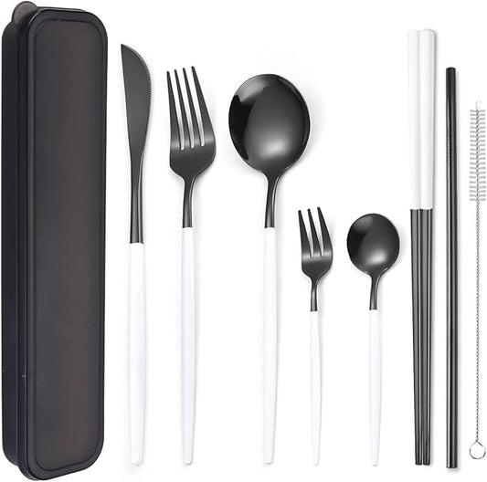 AARainbow 8 Pieces Stainless Steel Flatware Set Portable Reusable Cutlery Set Travel Utensils Set Including Chopsticks Knife Fork Spoon Straws Cleaning Brush Dishwasher Safe (White black)