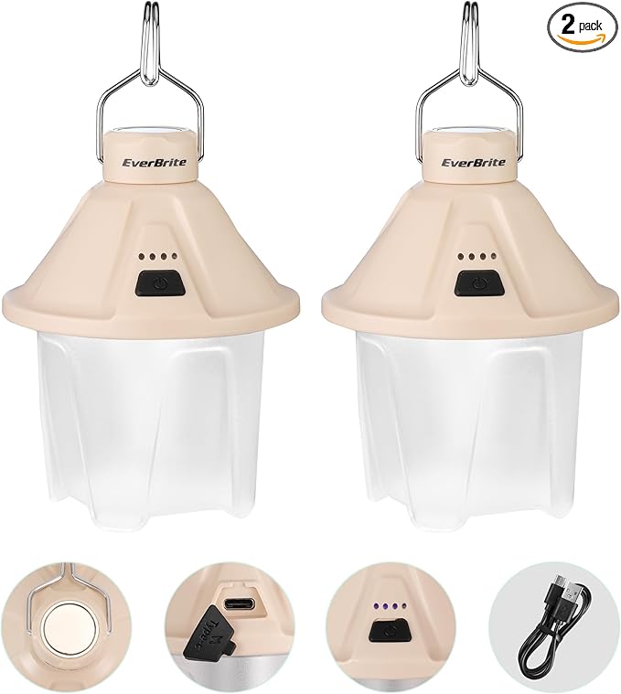 EverBrite 450LM Camping Lantern, USB C Rechargeable Camping Lantern with Magnetic Top&Hanging Hook, 5 Lighting Modes, for Christmas Decorations, Camping, Barbecue, Hiking and Reading, Pack of 2