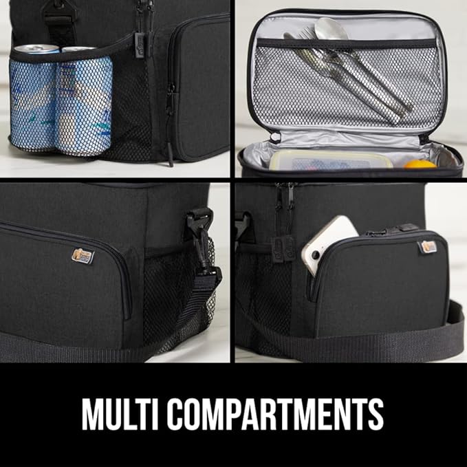 GORILLA GRIP Reusable Insulated Lunch Box Bag for Women Men, Large Leakproof Soft Cooler Bags, Multiple Compartments, Mesh Pockets, Adjustable Strap, Food Tote Keeps Drinks Cold, 8L, 10x9, Black