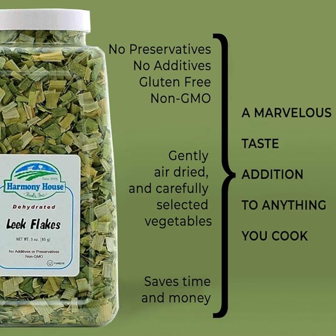 Harmony House Foods Dehydrated Leek Flakes - Air Dried Vegetables for Soup and Cooked Dishes, Great for Camping, Survival, and Backpacking