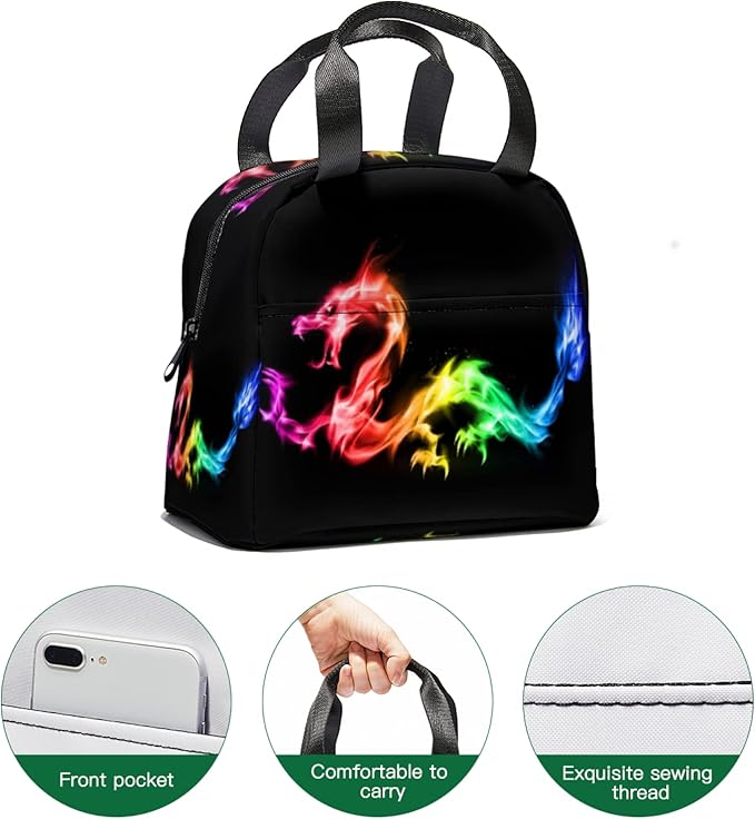 Giwawa Rainbow Dragon Insulated Lunch Bag Colorful Fire Animal Print Reusable Lunch Cooler Tote Box with Front Pocket & Zipper Closure for Kids Woman Man Work Picnic Travel