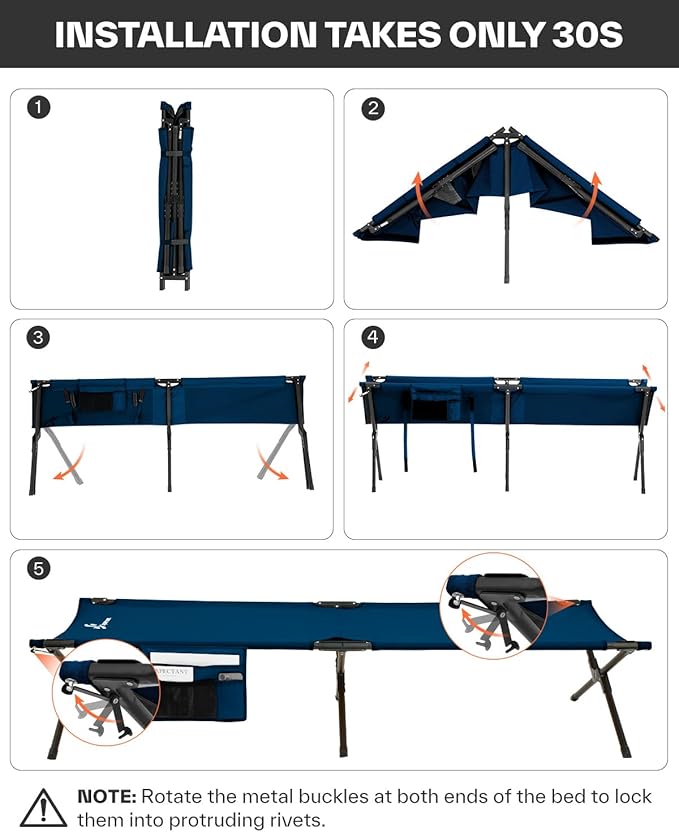 Sportneer Camping Cots for Adults: Easy-to-Assemble Camping Bed with Cmfortable Mattress & Side Bags Support 330lbs - Cot Bed for Camping, Lounging, & Elevated Sleeping, Size 78.3"x28.7"x14.6"
