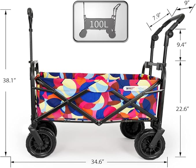 WHITSUNDAY Collapsible Folding Garden Outdoor Park Utility Wagon Picnic Camping Cart with Bearing and Brake 8" All Terrain Wheels with Push Bar (Bubble)