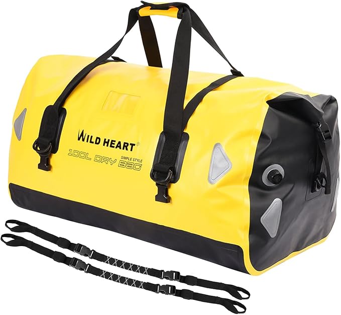 WILD HEART Waterproof Motorcycle Duffel Bag PVC500D Double-bottom With Rope Straps and Inner Pocket 40L 66L 100L for Kayaking, Camping, Boating,Motorcycle