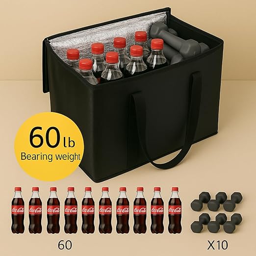 musbus 2-Pack, XL-Large Insulated Grocery shopping bags, Black, reusable bag,thermal zipper,Collapsible,tote,cooler,food transport hot and cold,camping, delivery groceries freezer