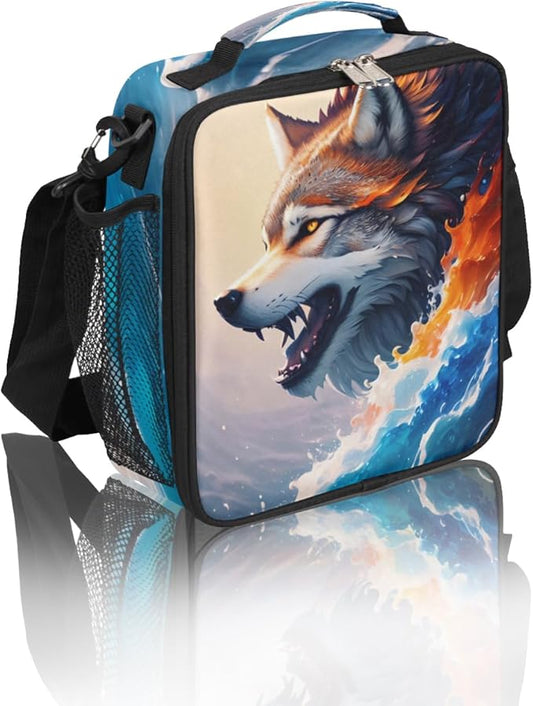 Wolf Colorful Ocean Wave Art Animal Boys Lunch Box, Reusable Insulated Waterproof With Adjustable Shoulder Strap, Thermal Cooler Tote Bag for School, Daycare, Picnic