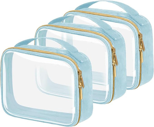 TSA Approved Travel Toiletry Bag,3 Pack Clear Makeup Bags with Handles,Quart Size Clear Cosmetic Bags for Traveling Women,Men,Carry on Airport Airline Compliant Bag,Blue
