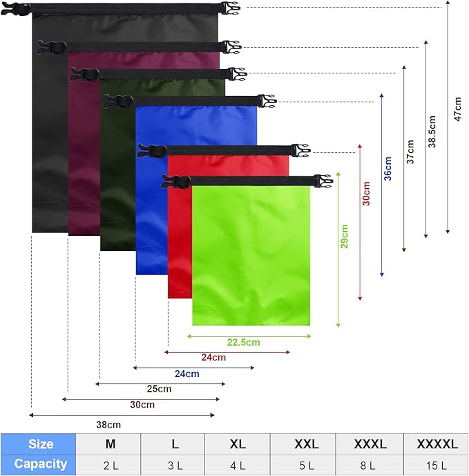 Waterproof Dry Bag Set 15 L+ 8 L +5 L+4 L+3 L+ 2 L Lightweight Sacks and Long Adjustable Shoulder Strap for Kayaking, Rafting, Boating, Hiking, Camping (Dark Colors,6 Pcs)