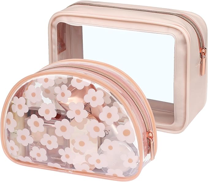 PACKISM TSA Approved Toiletry Bag - Rose Pink Flower Print Clear Shell Bag and Upgrade Color-Edged Quart Size Bag, Perfect for On the Go or Travel, Lightweight and Robust, 2 Pack